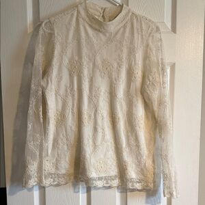 Chico's Cream Lace Mock-Neck Long Sleeve Blouse